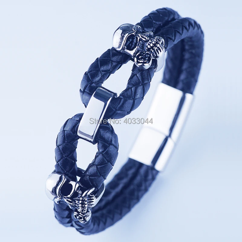 

Черный стальной серебряный браслет из натуральной кожи, мужской браслет с черепом из нержавеющей стали, ювелирные изделия OnlyArt