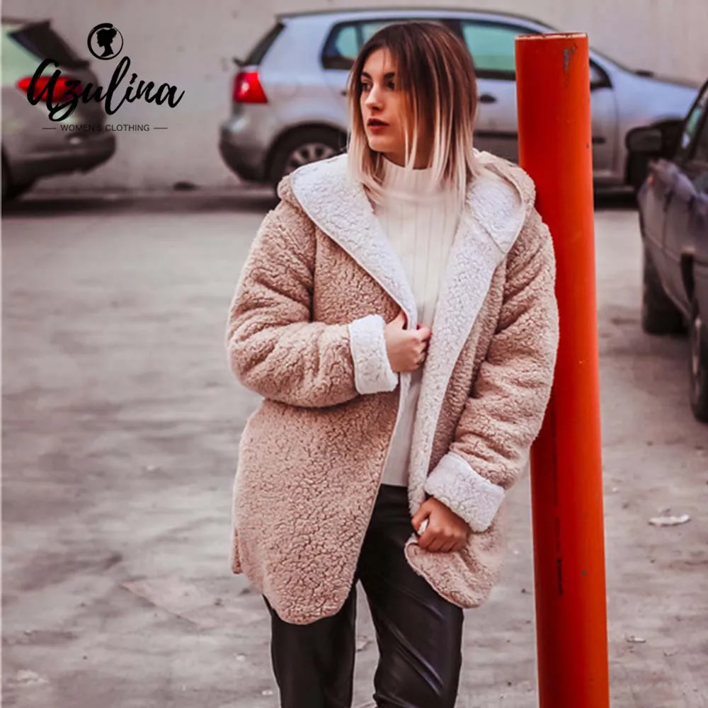 AZULINA шерстяное пальто Для женщин с капюшоном открытой передней поярок Пальто