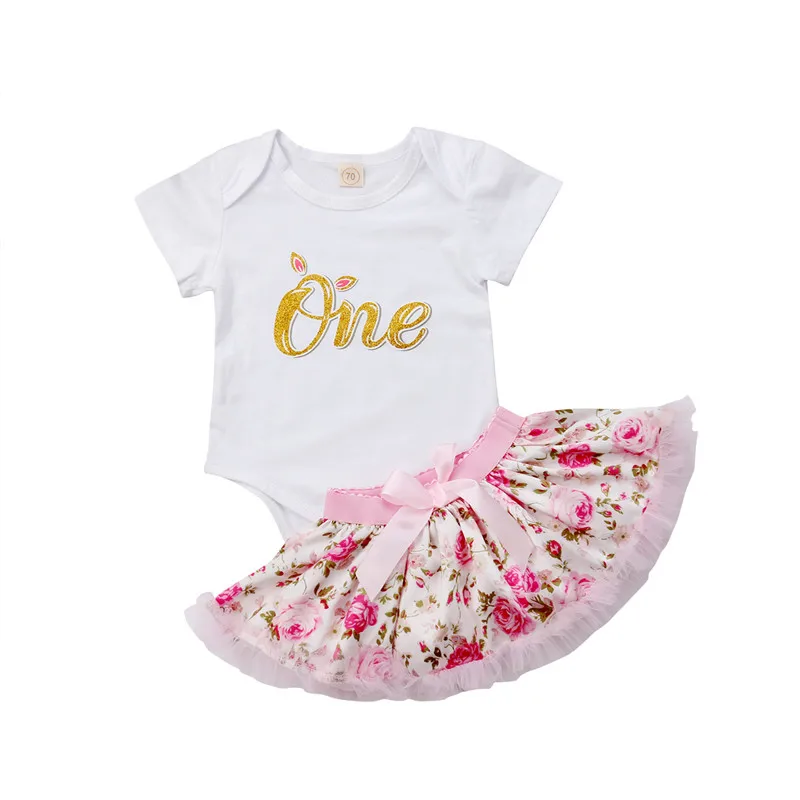 

New 2PCS Newborn Baby Girls 1st Birthday Letter Bodysuit Top Floral Lace Bow Patchwork Tutu Skirt Girls Dress Outfits Sets 0-24M