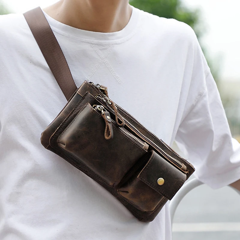 

Men Geunine Leather Chest Hip Belt Bag Clutch Handy Bags Multi-Purpose High Quality Crazy Horse Cowhide Bum Fanny Waist Pack