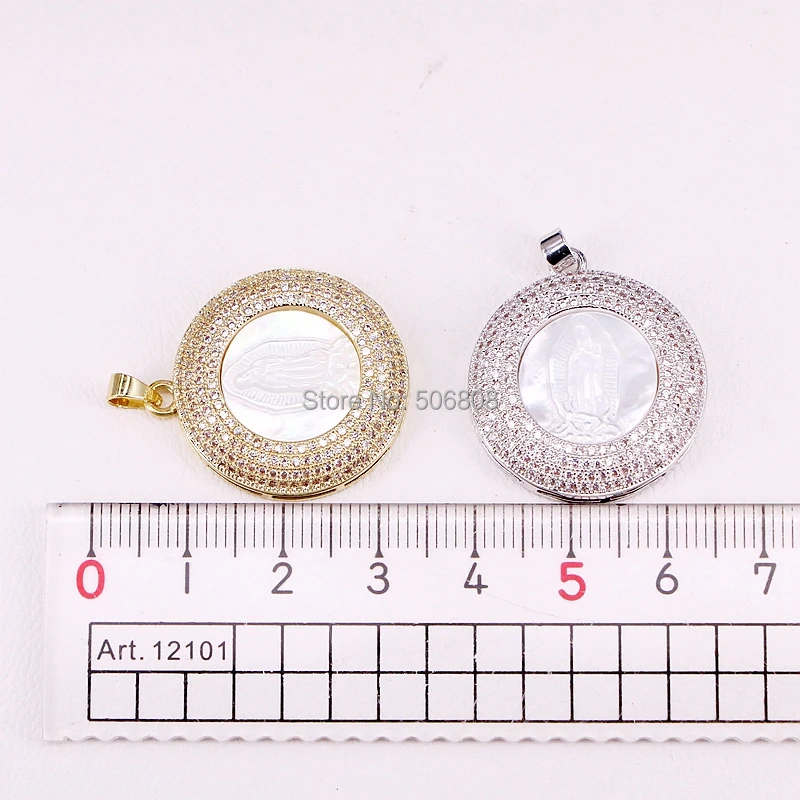4PCS Circle White Jesus Shell Pendant Gold / Silver Color Round CZ Pave High Quality | Украшения и аксессуары