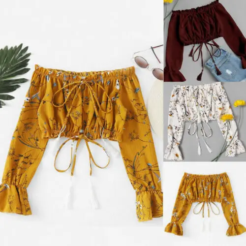 Женские блузки с открытыми плечами цветочным принтом длинным рукавом весна лето