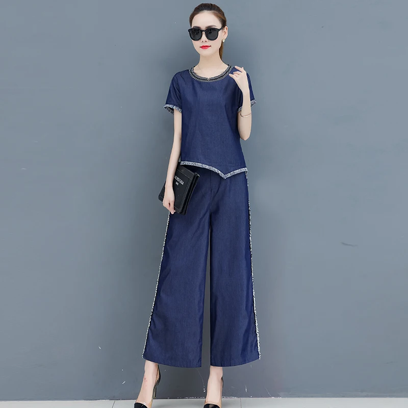 Женские повседневные джинсовые брюки комплект из 2 предметов: рубашка с круглым