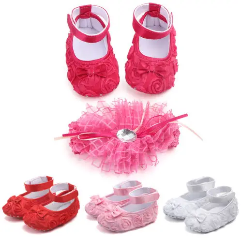 Toddler Girl Crib Shoes Flower Baby Bowknot Soft Sole Prewalker Sneakers 2PCS |