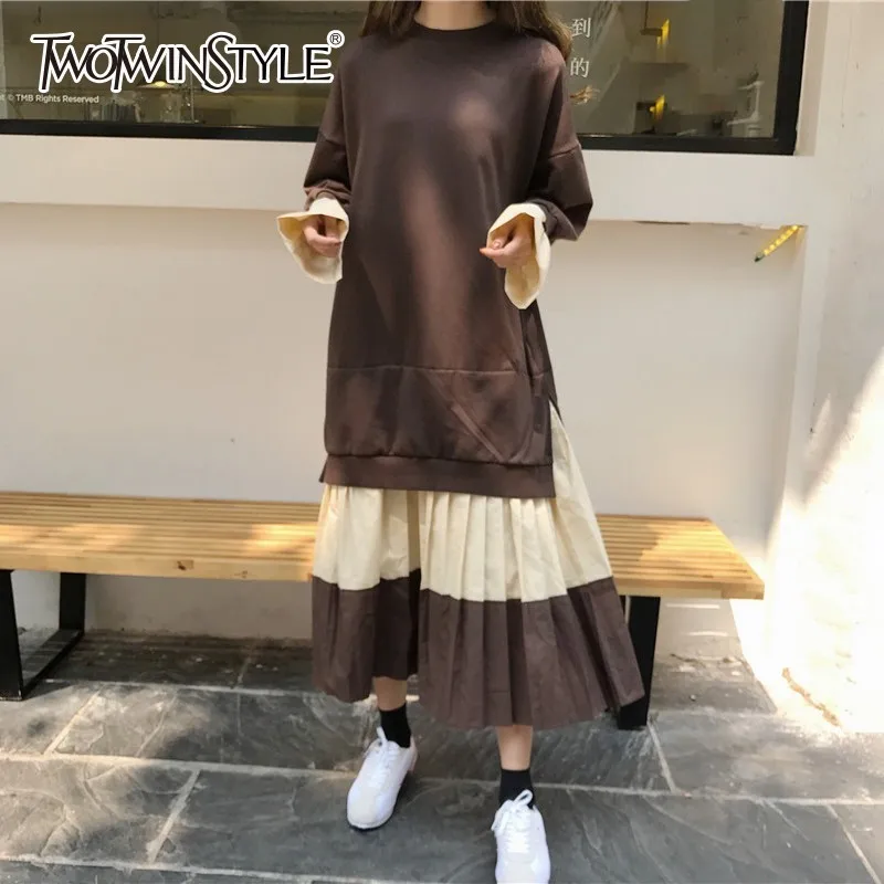 Платье Толстовка TWOTWINSTYLE с длинным рукавом и плиссированной кромкой|Женские