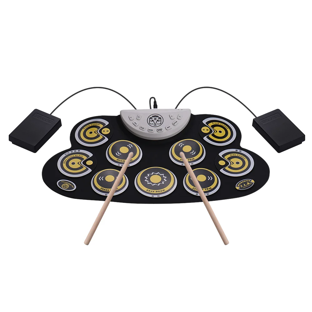 Portable Electronic Drum Pad Silicone Folding Drum Set with Drum Sticks Foot Pedals Cartoon Design Digital Drum for Beginners