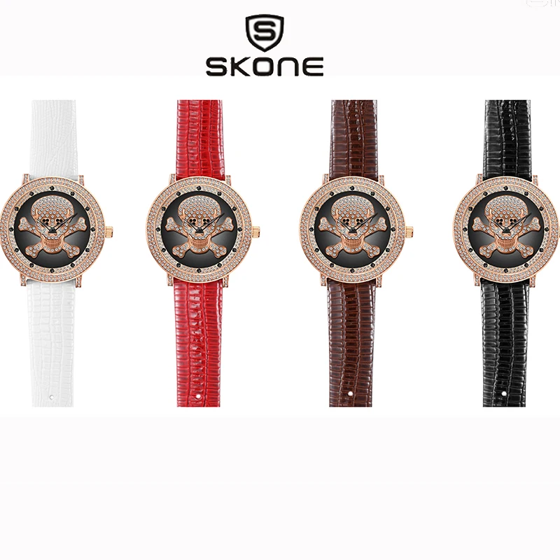 SKONE Роскошные кожаные женские часы красные новые стальные скелетные