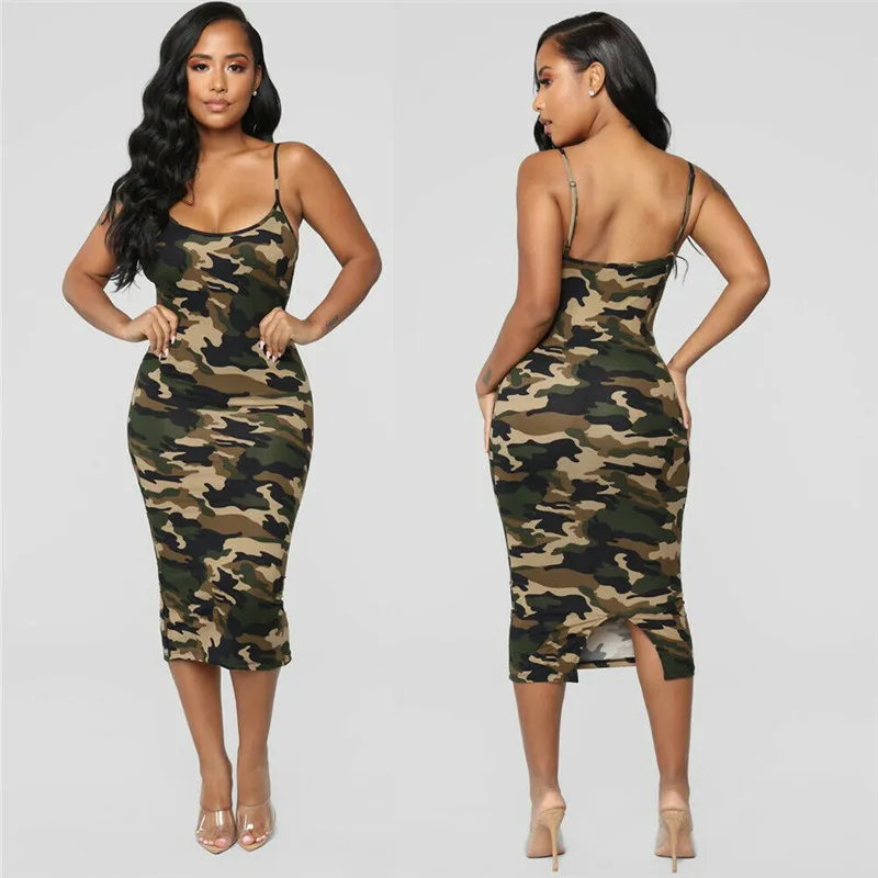Модное повседневное платье слим для женщин с бесплечными лямками в камуфляжном армейском стиле.