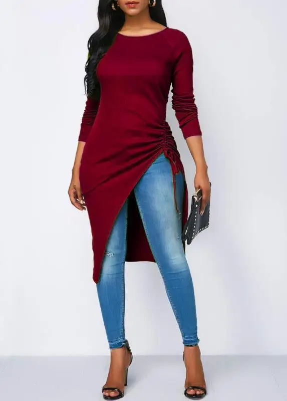 Модная женская Повседневная футболка с длинными рукавами и круглым вырезом