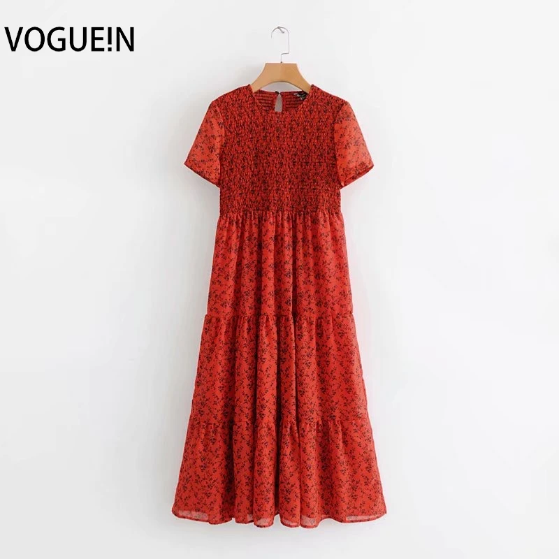 Женское платье миди VOGUEIN красное шифоновое с коротким рукавом и цветочным