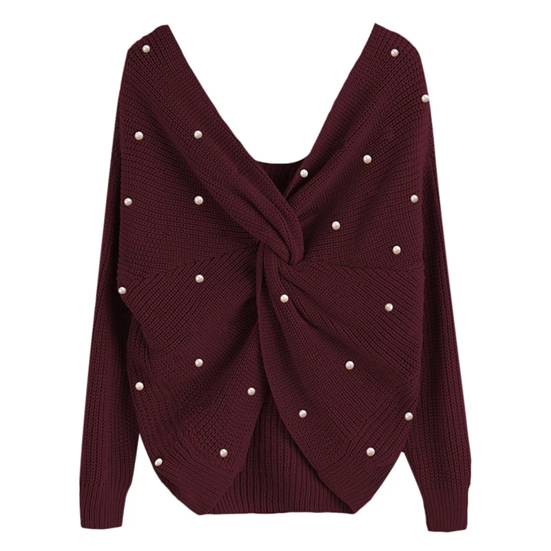 IANLAN New Spring Autumn Womens Loose Off-shoulder Sweater Pullover Criss-cross Back Solid Knitwear Pearl Decoration IL00389 | Женская