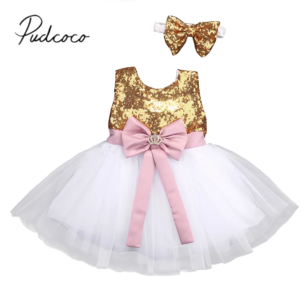 2019 Brand New Kids Girls Formal Party Dress Sequins Lace Princess Ball Gown Crown Bowknot Chiffon +Headband 0-10T | Детская одежда и