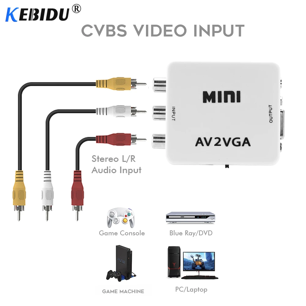 Преобразователь KEBIDU Mini HD AV2VGA преобразователь AV RCA CVBS на VGA видеоконвертер с 3 5 мм