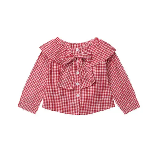 Детская клетчатая футболка с длинными рукавами и бантом для маленьких девочек