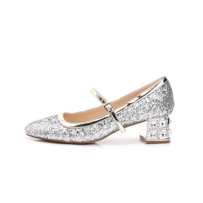 

Mary Janes Style Bling Bling Silver Ankle Buckle Strap Pumps Women Fashion Round Toe Crystal Embellished Chunky Heel Party Shoes