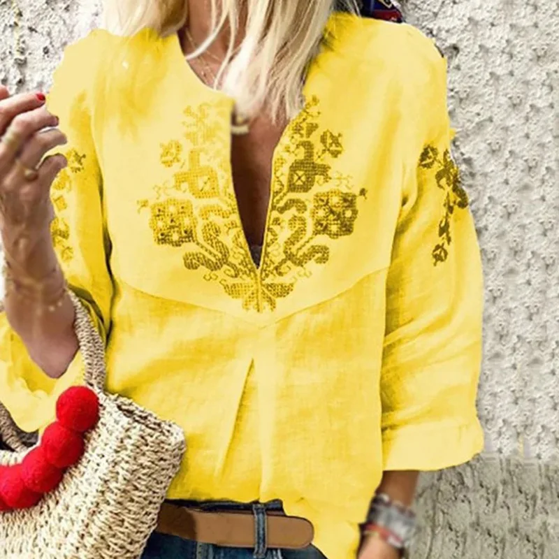 Женская блузка с v образным вырезом и рукавом 3/4 свободные топы из хлопка льна 2019| |