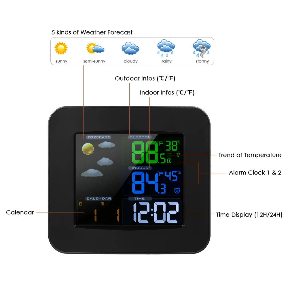 Multifunctional Wireless Color Weather Station Clock Thermometer Hygrometer Barometer Time Calendar Display Double Alarm | Дом и сад