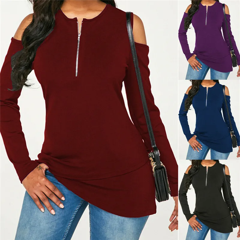S--XL модная женская футболка с круглым вырезом открытыми плечами длинным рукавом