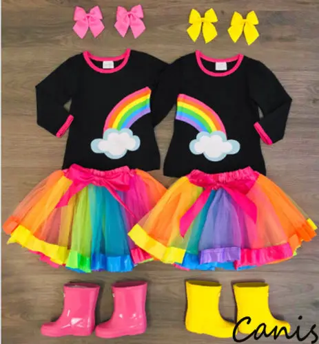 Радужная юбка пачка 2 шт. футболка с радугой для маленьких девочек топ + короткая