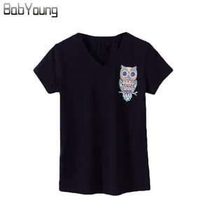 BabYoung новые женские летние топы, футболка с рисунком Совы из хлопка с V-образным вырезом и короткими рукавами, Harajuku женские футболки Femme белый