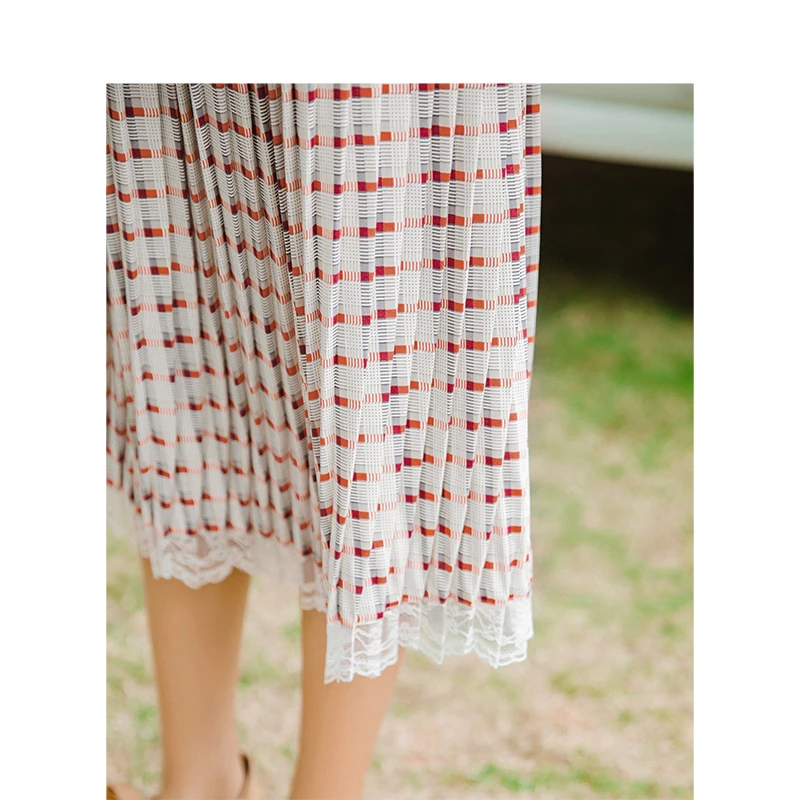 INMAN Spring Autumn High Waist Slim Literary Retro Striped Lace A-line Women Skirt | Женская одежда