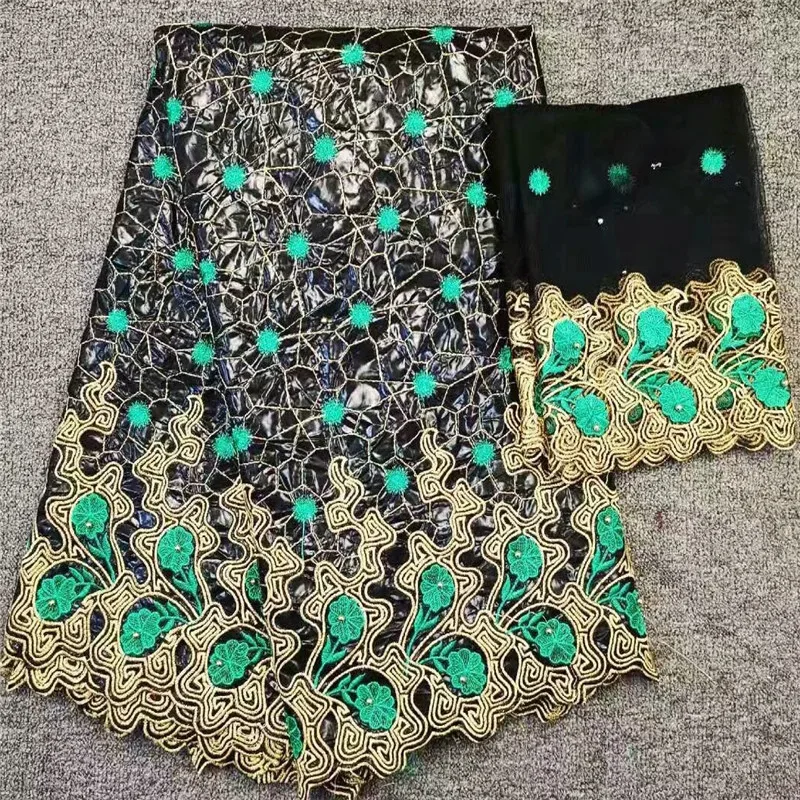 

Beautiful golden-green pattern 5 yards Satin Fabric and 2 yards Net Lace HLB4 Free shipping purple color nice WAX lace Fabric