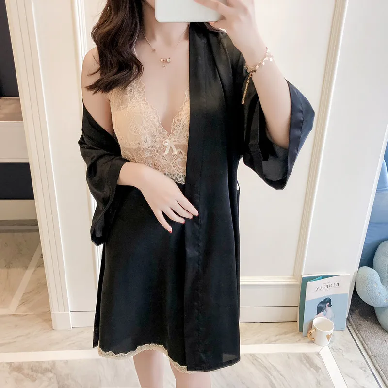 Женский шелковый халат MECHCITIZ комплект ночного белья из 2 предметов с кружевом