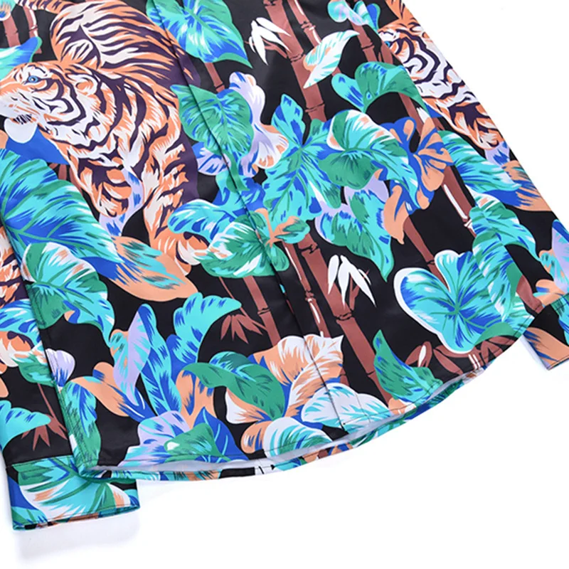 Новые стильные мужские рубашки с 3d принтом тигра и зеленых листьев длинным