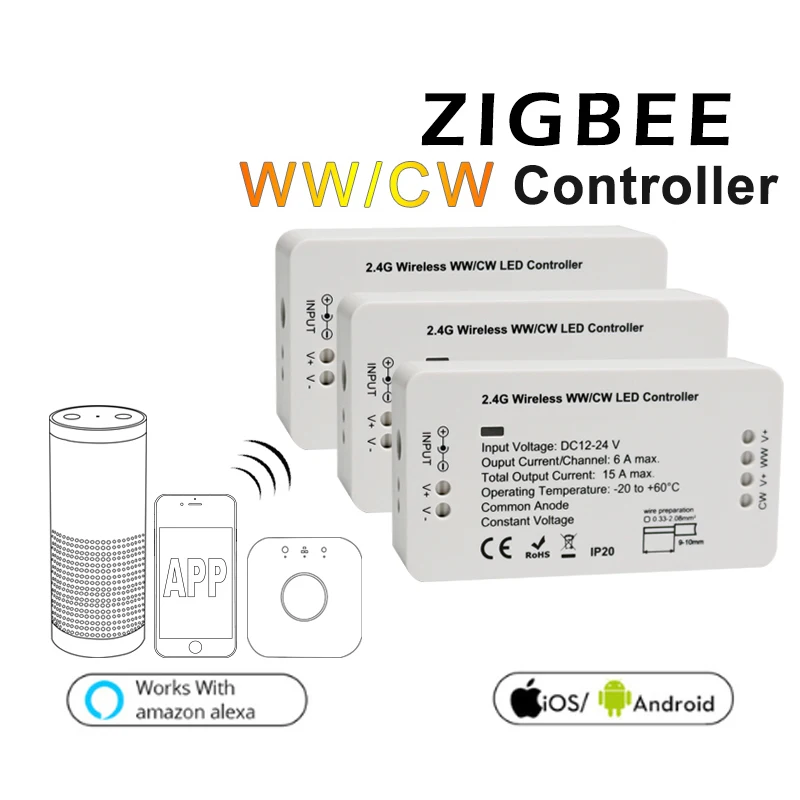ZIGBEE ZLL умный контроллер WWCW, DC12/24 В, управление приложением теплый белый/холодный белый и регулируемая яркость, для светодиодной ленты линейный светильник
