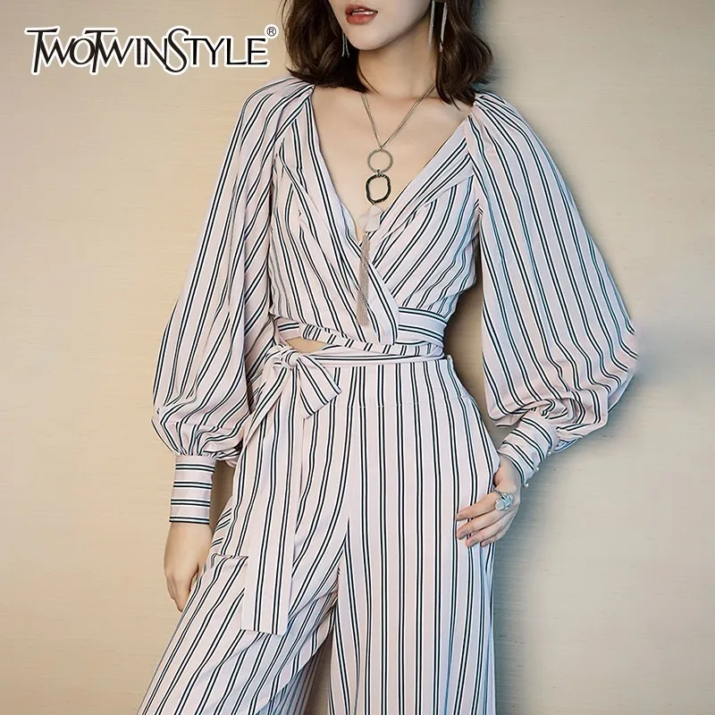 TWOTWINSTYLE полосатый комплект из двух предметов женский фонарь с длинным рукавом и