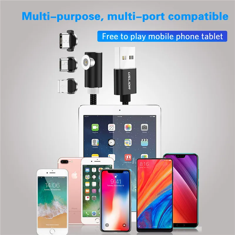 Магнитный кабель USLION 2 м с разъемом Type C Micro USB для iPhone X XR 8 7 Samsung S10 Huawei магнитный