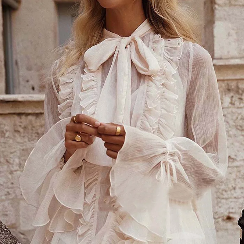 DEAT 2020 spring and summer fashion ruffles leaf flare sleeves bow collar sweet girl's dress V-neck sexy vacation WD57300L | Женская