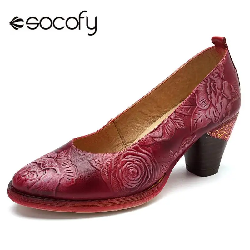 Женские винтажные туфли лодочки Socofy красные из натуральной кожи с тиснеными