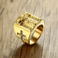 prayer jesus cross white cubic zirconia rings for men gold tone stainless steel crucifix cz band male jewelry anel aneis