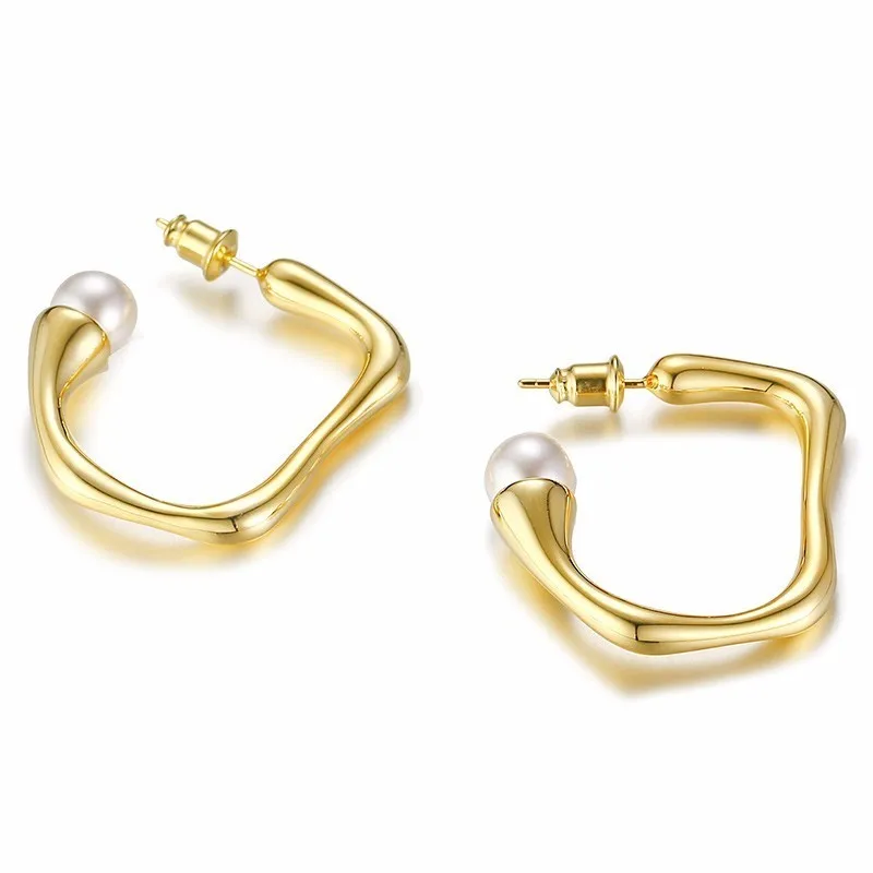 Vnox Chic Street Wear Hoop Earrings for Women Gold Tone Copper Simulated Pearl Stylish Irregular Shape Girl Boucles d'oreilles |