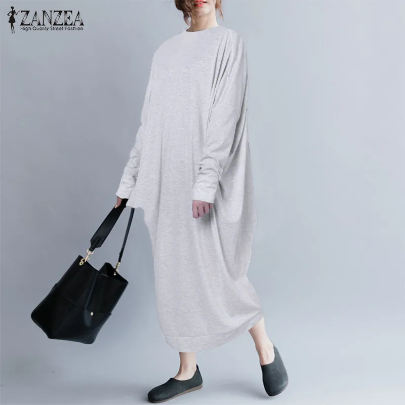 S 5XL ZANZEA Винтаж одноцветное длинное платье в пол осень battwing рукав рубашка Для