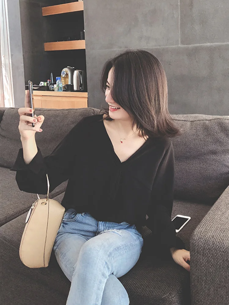 Женские рубашки весна 2019 шифоновые однотонные повседневные с v образным вырезом