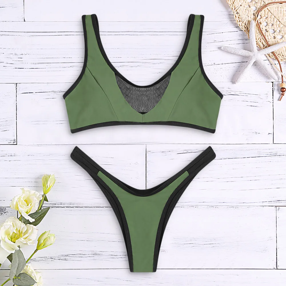 2019 Sexy Women Swimsuits Bikinis Scoop Neck Mesh Spliced Color Blocking Padded Female Swimming Bikini Set Beach Bathing Suit |