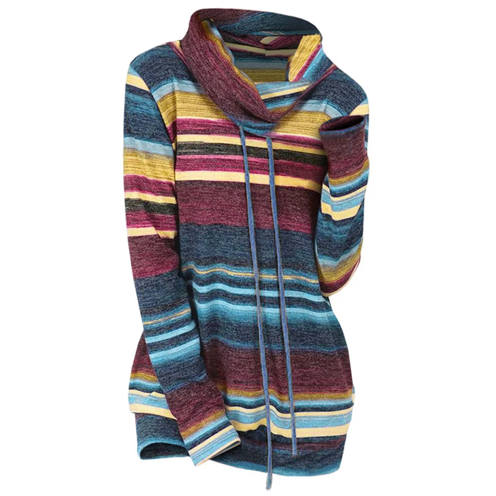 Wipalo Drawstring Collar Striped Knitwear Women Sweater Casual Cowl Neck Long Sleeve Pullover Sweaters Ladies Tops Fall Jumpers | Женская