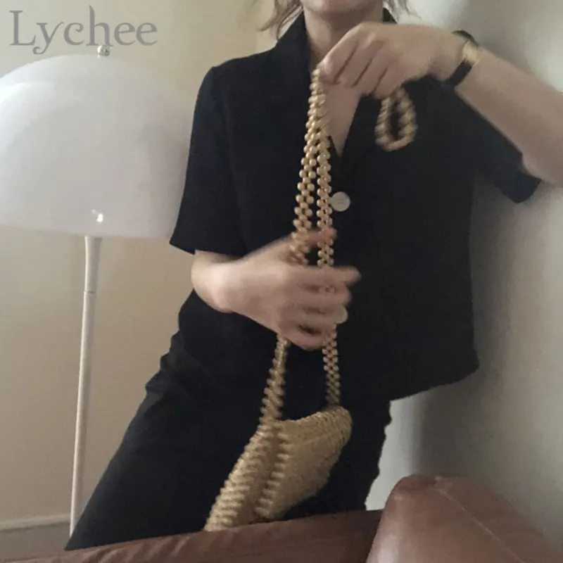 Lychee Винтаж сплошной цвет женские блузки вырубленный воротник с коротким рукавом v-образным вырезом свободный Женская рубашка блузка