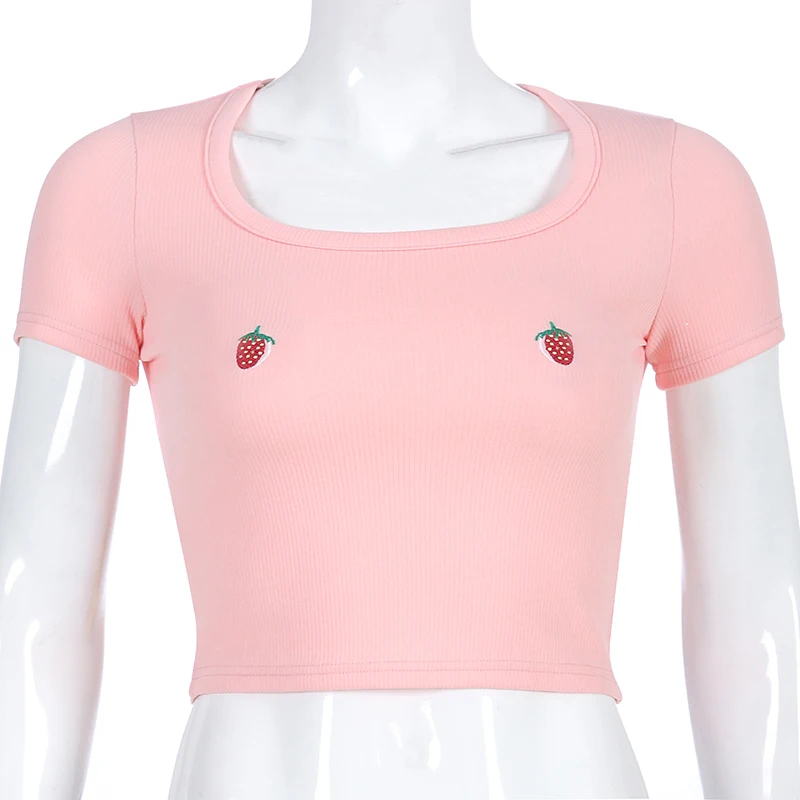 Chrleisure Harajuku короткий рукав T shrit вышивка клубника женская футболка Повседневная