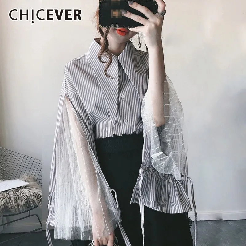 CHICEVER полосатая Лоскутная сетчатая женская рубашка блузка с расклешенным рукавом