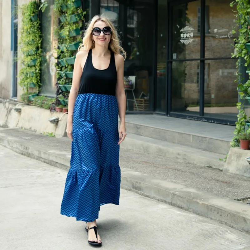 Летнее платье для мамы топ без рукавов дочери длинные синие платья с принтом мать