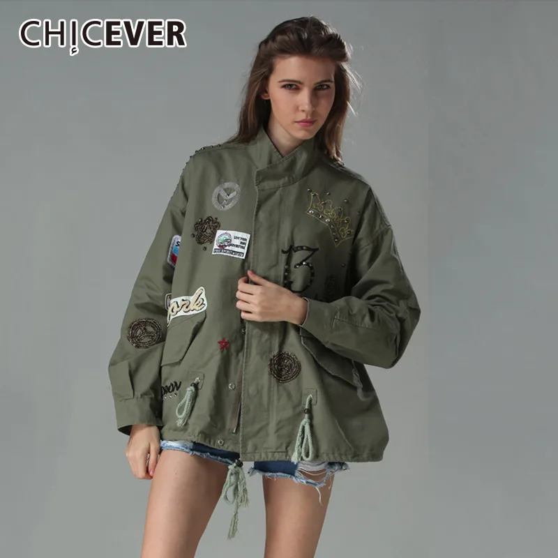 CHICEVER осеннее пальто для женщин ветровка с вышивкой и длинным рукавом Свободное