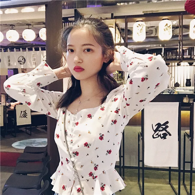 Женская шифоновая блузка с оборками Lychee цветочным принтом v-образным вырезом и