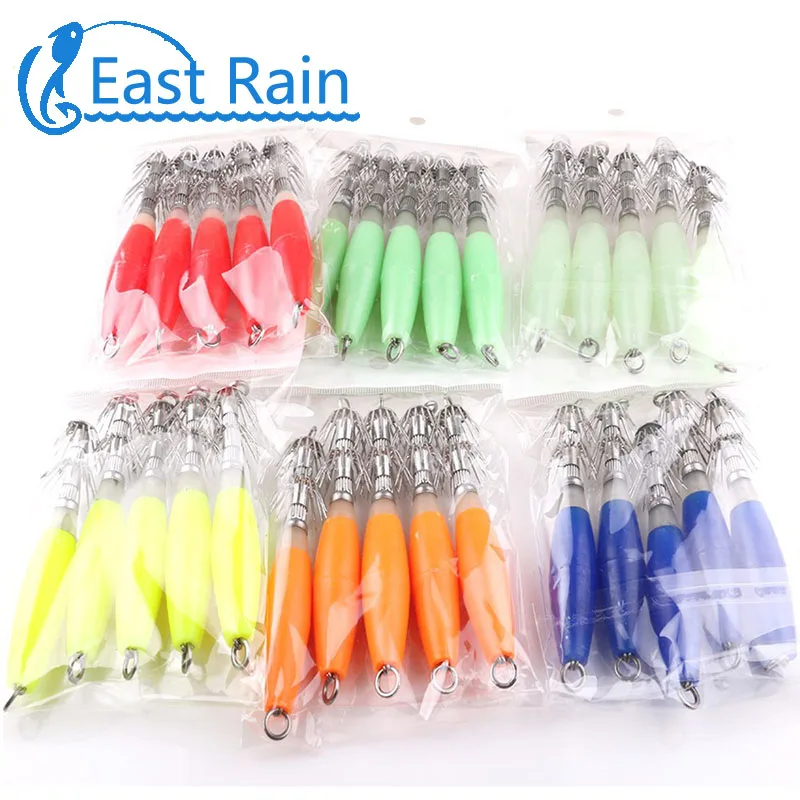 

East Rain 10cm/15.5g 5pcs/Lot Luminous Fuorescent Wood Jigs for Night Squid Fishing Free Shipping
