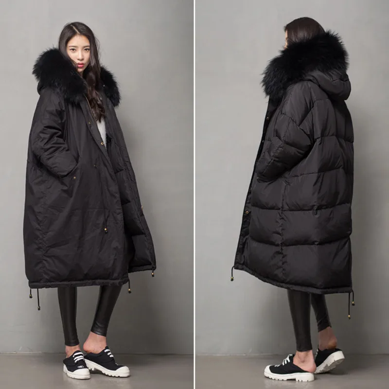 Two Side Wear Raccoon Fur Collar Outwear 2019 Winter Jacket Women Quilted Coat Long Plus Size Thick Warm Hooded Parka Oke127 | Женская
