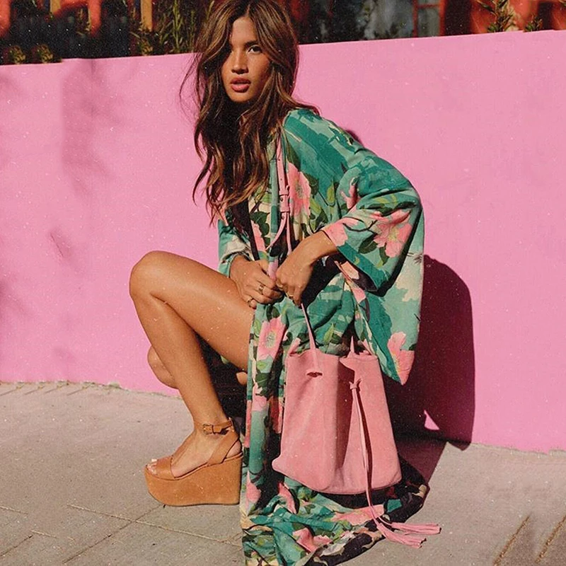 Женское кимоно с зеленым цветочным принтом и рисунком птицы свободное рукавами