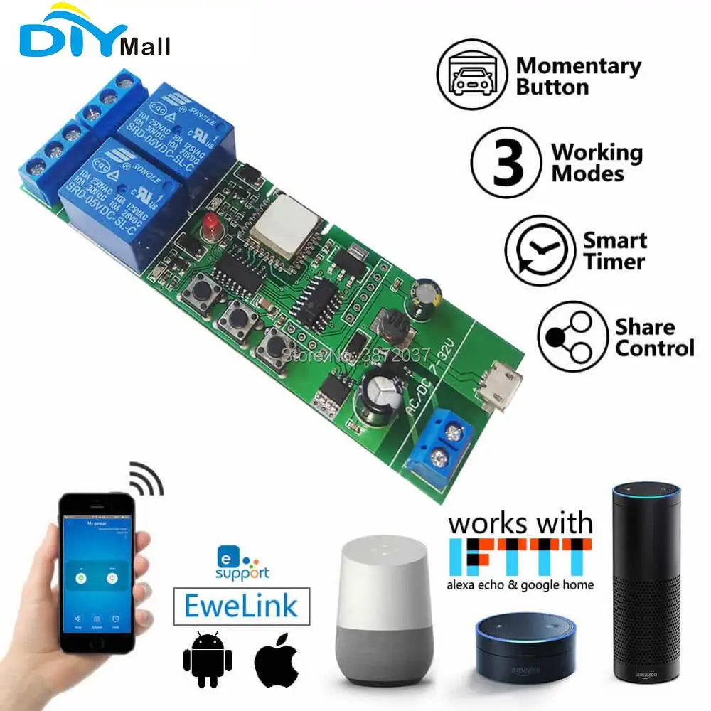 2 Channel Wifi Wireless Switch Relay Module Momentary Inching Self-locking Interlock for Alexa Google Home eWeLink | Электроника