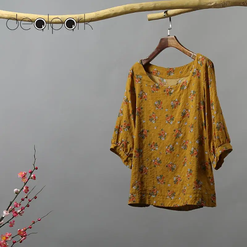 Женская блузка из хлопка и льна с цветочным принтом|Блузки| |